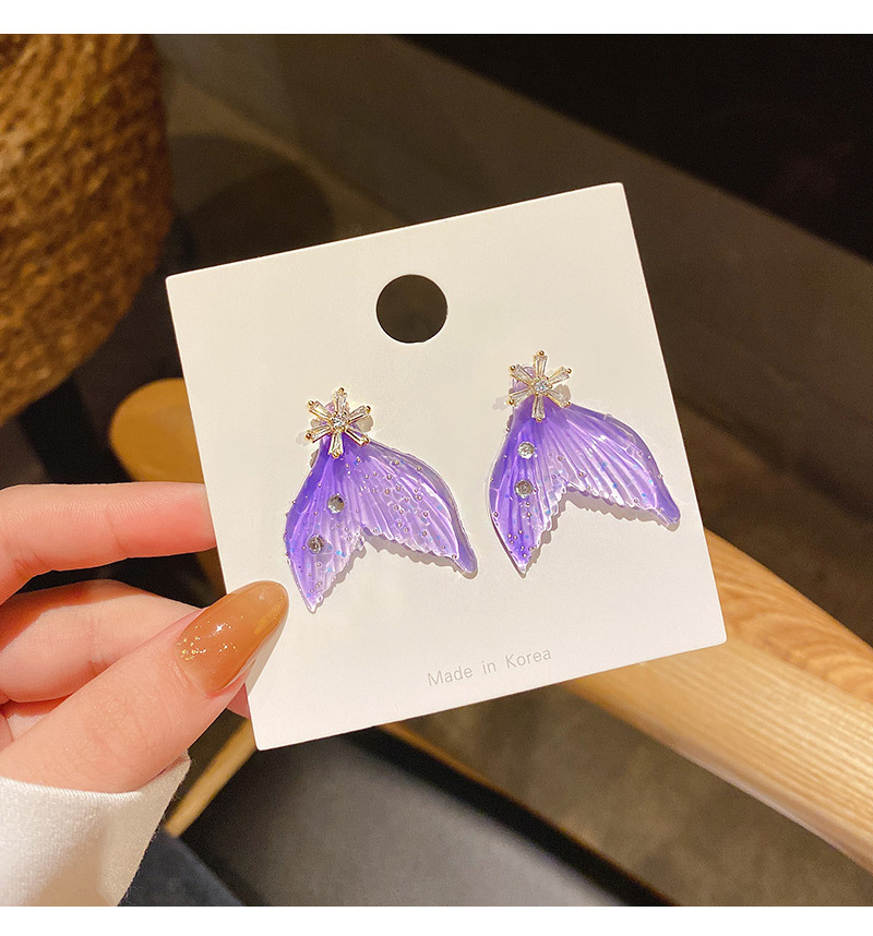Sterling Silver Needle Korean Style Personalized Crystal Clear Fishtail Earrings Dream Purple Colorful Temperament Popular High-Grade Earrings