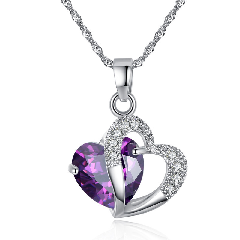 Chenrui Cross-Border Sold Jewelry Blue Purple Crystal Heart-Shaped Collarbone Necklace Fashion Two-Tone Necklace Summer Fresh Girl
