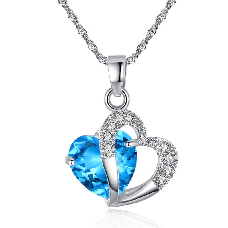 Chenrui Cross-Border Sold Jewelry Blue Purple Crystal Heart-Shaped Collarbone Necklace Fashion Two-Tone Necklace Summer Fresh Girl Chenrui Cross-Border Sold Jewelry Blue Purple Crystal Heart-Shaped Collarbone Necklace Fashion Two-Tone Necklace Summer Fresh Girl