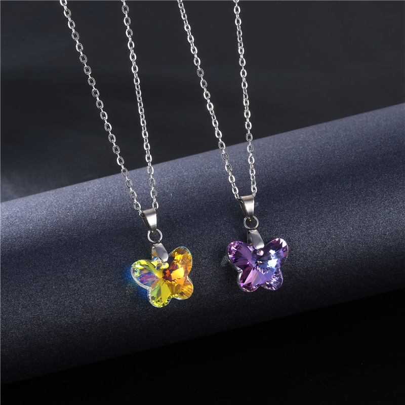 Cross-Border Stainless Steel Necklace Women's European and American Simple and Fresh Butterfly Clavicle Chain Pendant AB Purple Crystal Necklace