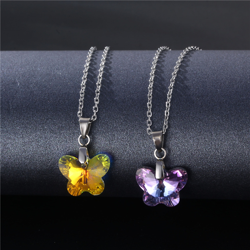 Cross-Border Stainless Steel Necklace Women's European and American Simple and Fresh Butterfly Clavicle Chain Pendant AB Purple Crystal Necklace