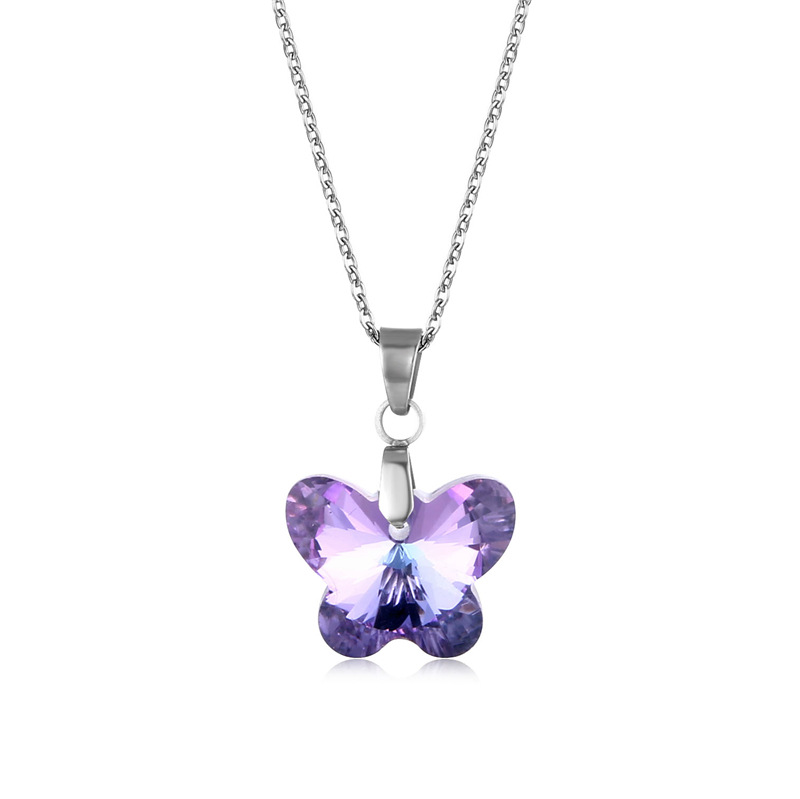 Cross-Border Stainless Steel Necklace Women's European and American Simple and Fresh Butterfly Clavicle Chain Pendant AB Purple Crystal Necklace