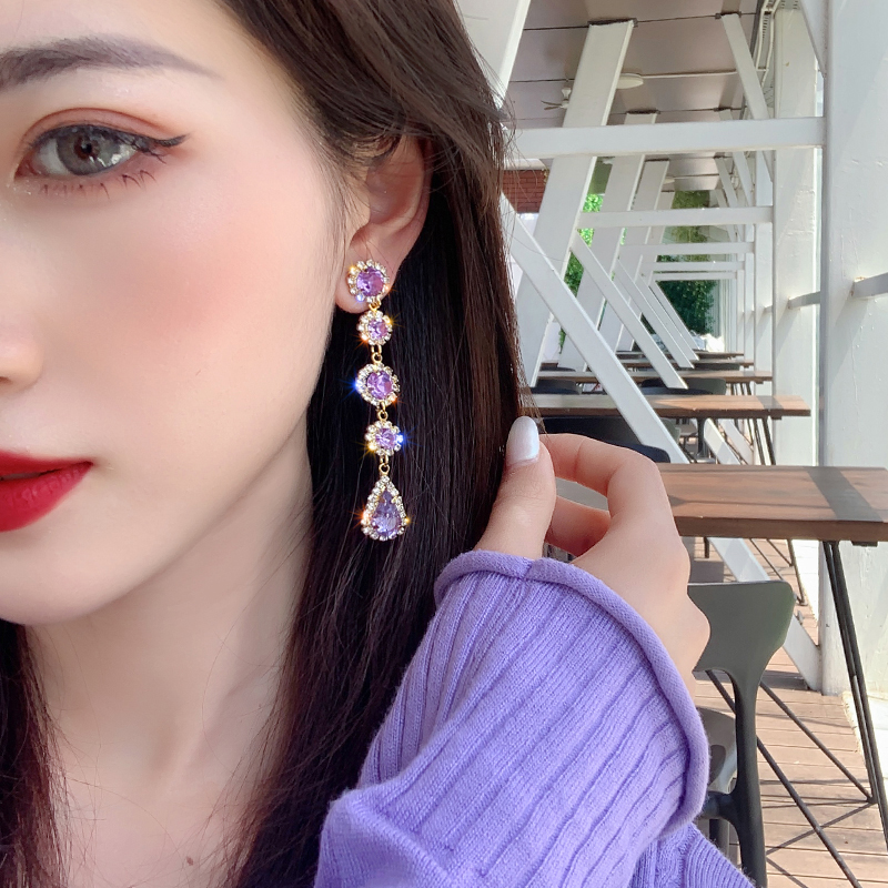 Taro Purple Crystal Earrings 2020 New Trendy Korean Internet Celebrity Temperamental Long Eardrops High-Grade Purple Earrings for Women