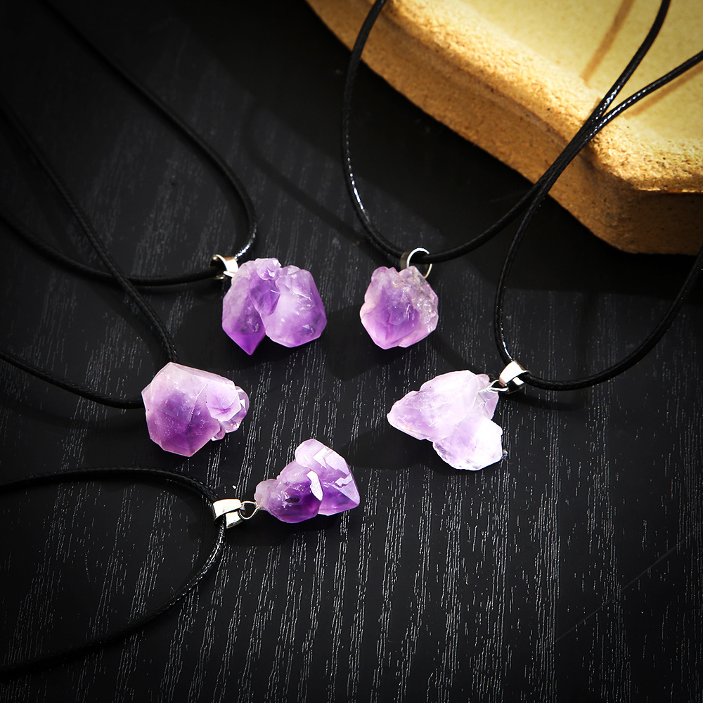 Crystal Stone Pendant Necklace Wholesale Natural Purple Crystal Stone Clusters Gravel Lavender Amethyst Clavicle Chain Female 5 Pack