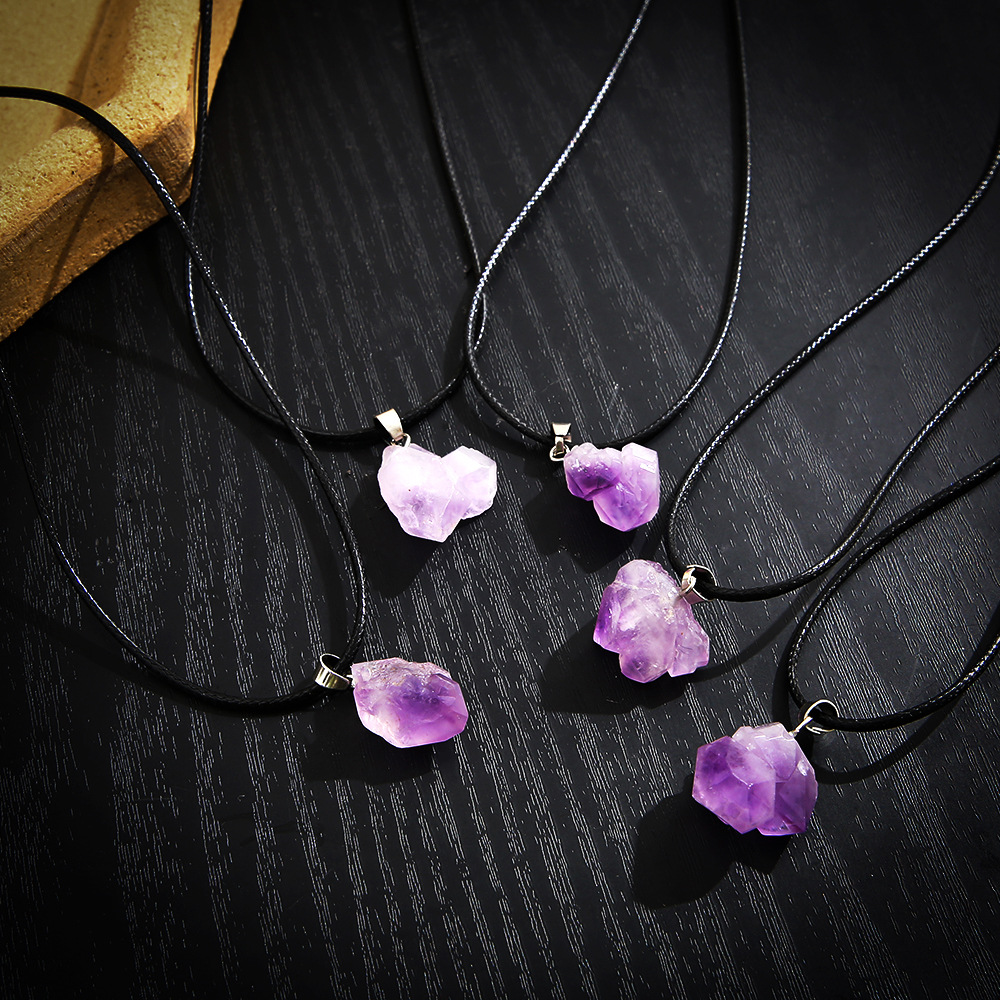 Crystal Stone Pendant Necklace Wholesale Natural Purple Crystal Stone Clusters Gravel Lavender Amethyst Clavicle Chain Female 5 Pack