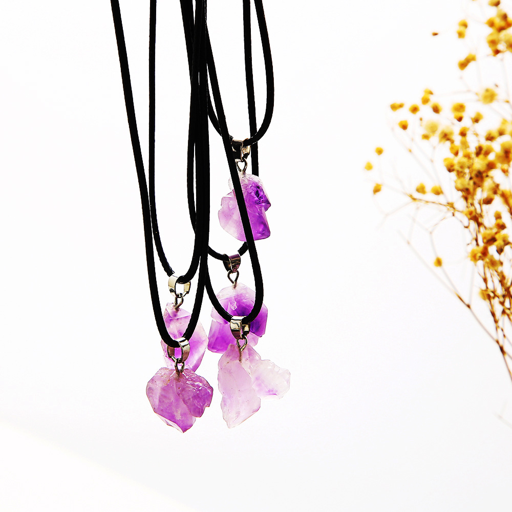 Crystal Stone Pendant Necklace Wholesale Natural Purple Crystal Stone Clusters Gravel Lavender Amethyst Clavicle Chain Female 5 Pack