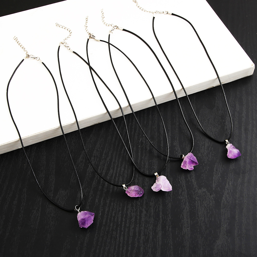 Crystal Stone Pendant Necklace Wholesale Natural Purple Crystal Stone Clusters Gravel Lavender Amethyst Clavicle Chain Female 5 Pack