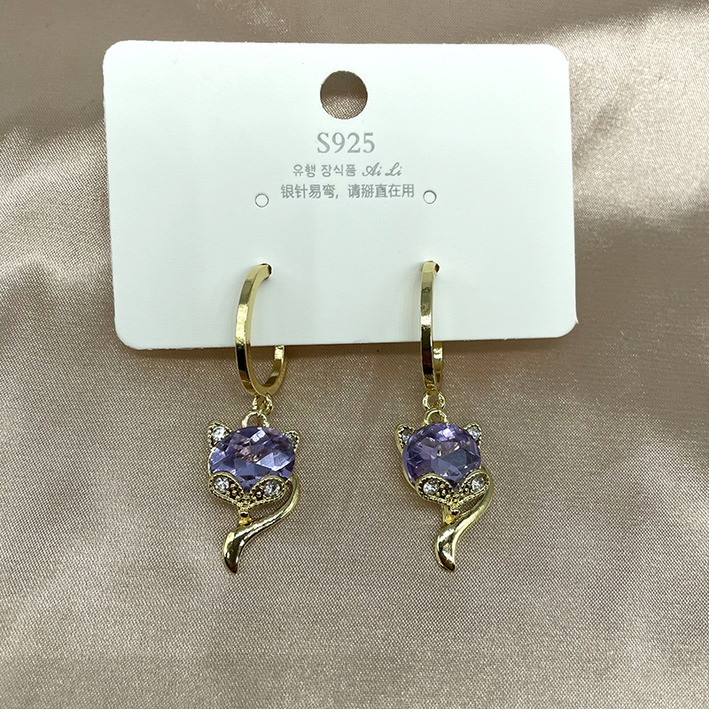 Amethyst Linghu Stud Earrings Crystal Charming Fox Sterling Silver Needle Purple Female Temperament New Freshess Earrings