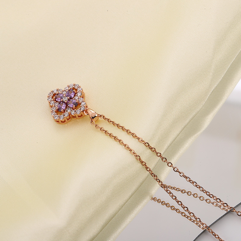 New Style Micro-Inlaid Purple Crystal Flowers Titanium Steel Necklace Women&#039;s Elegant Diamond-Embedded Clover Clavicle Chain Ornament