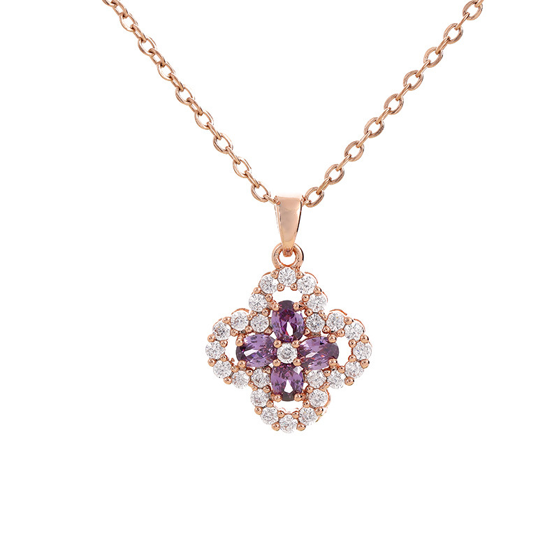New Style Micro-Inlaid Purple Crystal Flowers Titanium Steel Necklace Women&#039;s Elegant Diamond-Embedded Clover Clavicle Chain Ornament