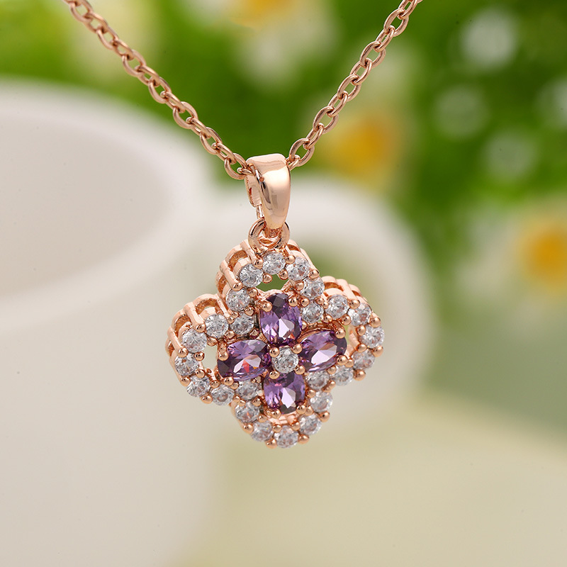 New Style Micro-Inlaid Purple Crystal Flowers Titanium Steel Necklace Women&#039;s Elegant Diamond-Embedded Clover Clavicle Chain Ornament