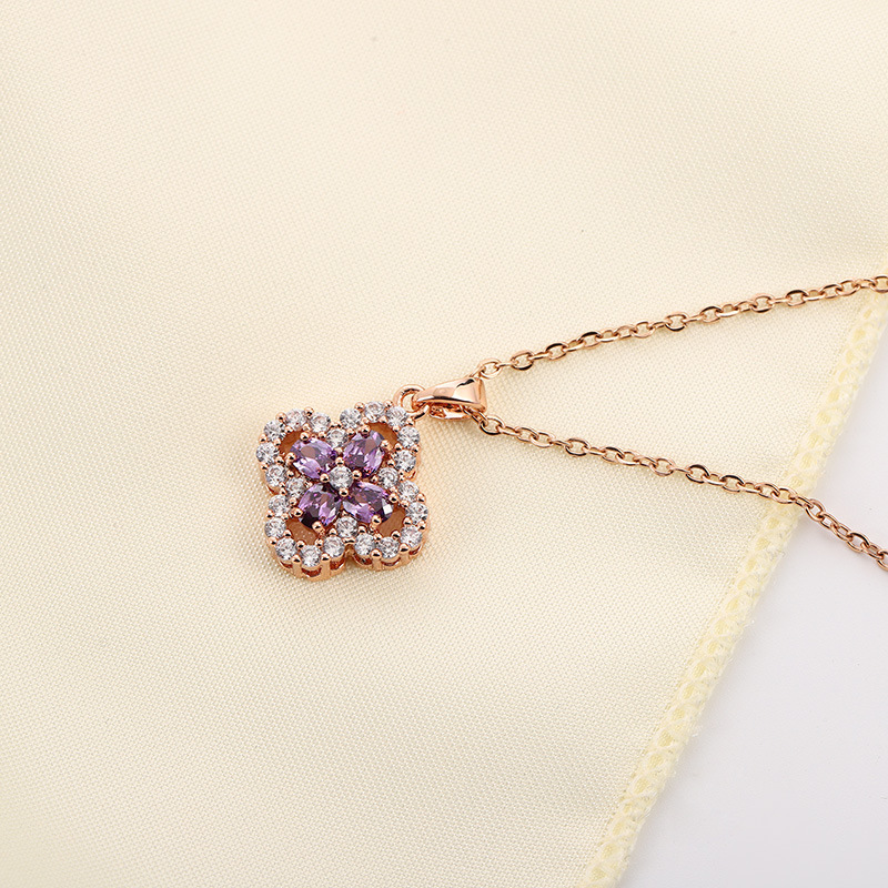 New Style Micro-Inlaid Purple Crystal Flowers Titanium Steel Necklace Women's Elegant Diamond-Embedded Clover Clavicle Chain Ornament New Style Micro-Inlaid Purple Crystal Flowers Titanium Steel Necklace Women's Elegant Diamond-Embedded Clover Clavicle Chain Ornament