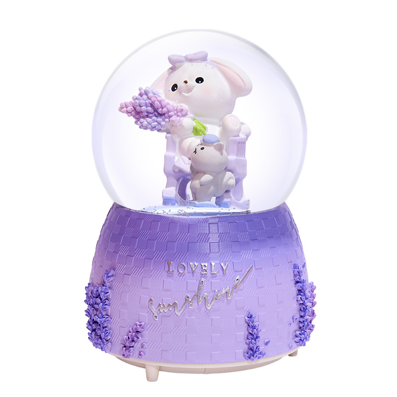 INS Girl Heart Purple Lavender Bear Crystal Ball Music Box Decoration Music Box Rotating Snow Children&#039;s Gift