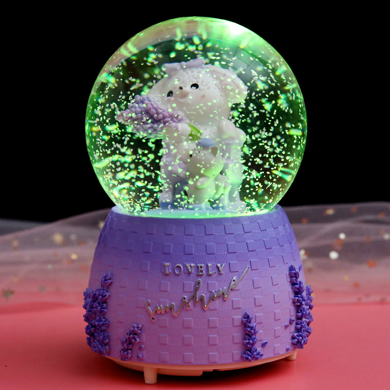 INS Girl Heart Purple Lavender Bear Crystal Ball Music Box Decoration Music Box Rotating Snow Children&#039;s Gift