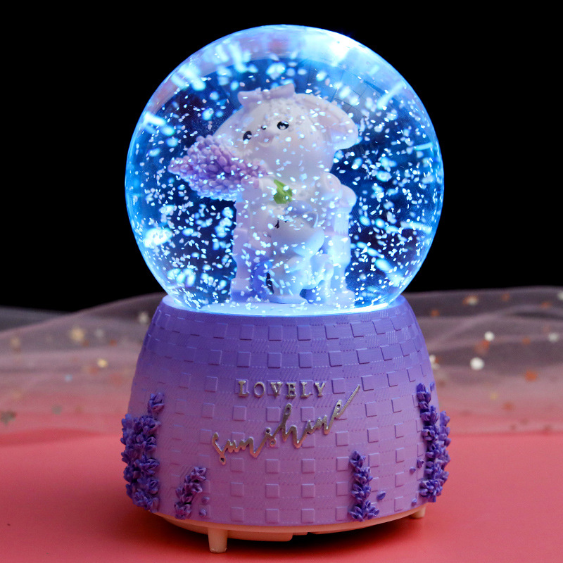 INS Girl Heart Purple Lavender Bear Crystal Ball Music Box Decoration Music Box Rotating Snow Children&#039;s Gift