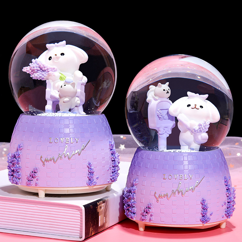 INS Girl Heart Purple Lavender Bear Crystal Ball Music Box Decoration Music Box Rotating Snow Children&#039;s Gift