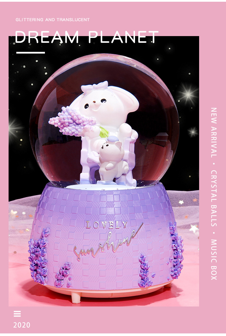 INS Girl Heart Purple Lavender Bear Crystal Ball Music Box Decoration Music Box Rotating Snow Children's Gift