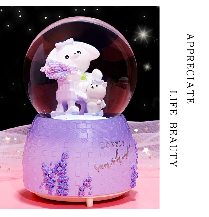 INS Girl Heart Purple Lavender Bear Crystal Ball Music Box Decoration Music Box Rotating Snow Children's Gift