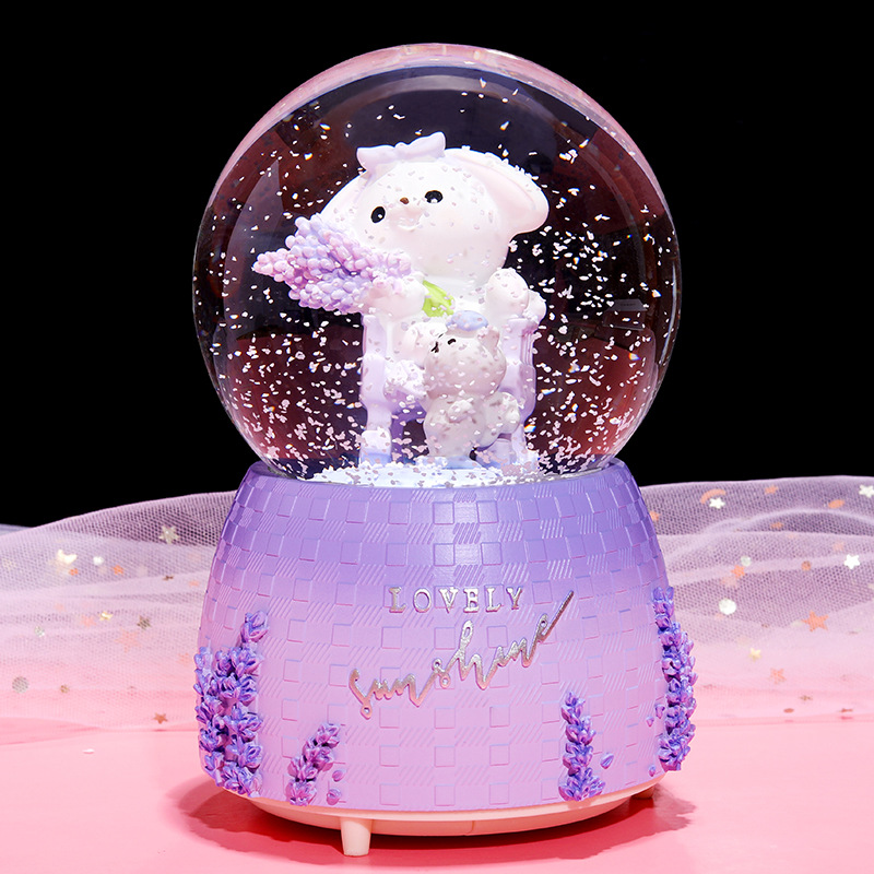 INS Girl Heart Purple Lavender Bear Crystal Ball Music Box Decoration Music Box Rotating Snow Children's Gift