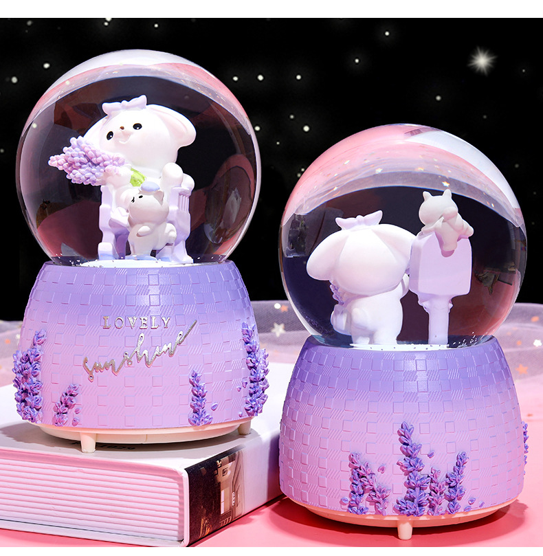 INS Girl Heart Purple Lavender Bear Crystal Ball Music Box Decoration Music Box Rotating Snow Children's Gift