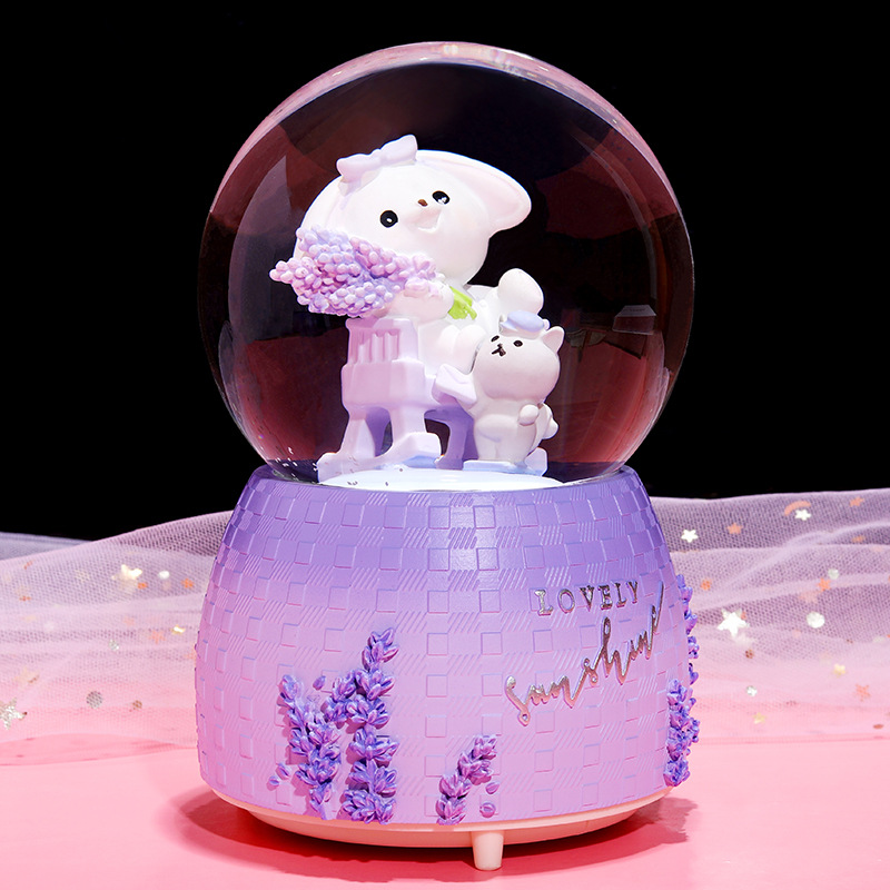 INS Girl Heart Purple Lavender Bear Crystal Ball Music Box Decoration Music Box Rotating Snow Children's Gift