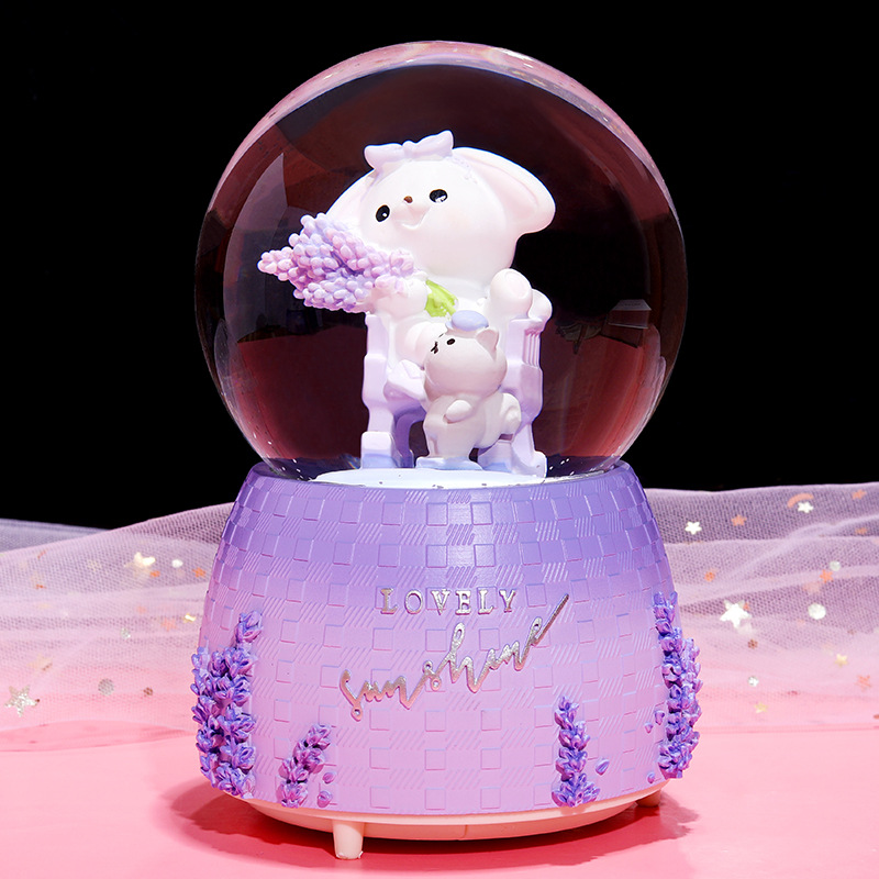 INS Girl Heart Purple Lavender Bear Crystal Ball Music Box Decoration Music Box Rotating Snow Children's Gift