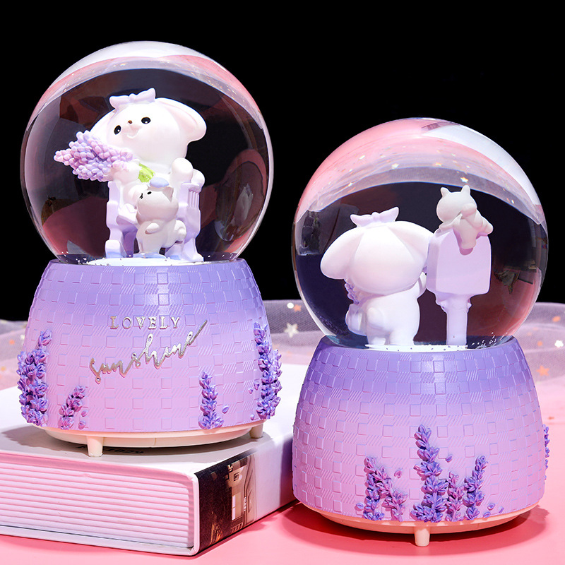 INS Girl Heart Purple Lavender Bear Crystal Ball Music Box Decoration Music Box Rotating Snow Children's Gift