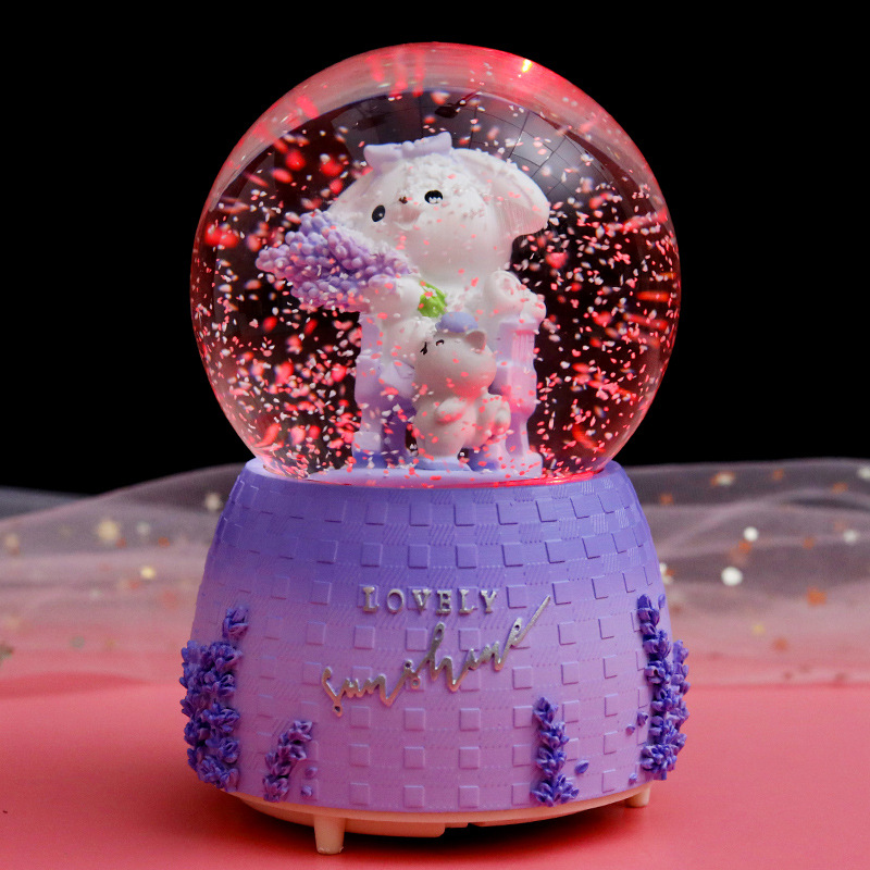 INS Girl Heart Purple Lavender Bear Crystal Ball Music Box Decoration Music Box Rotating Snow Children's Gift