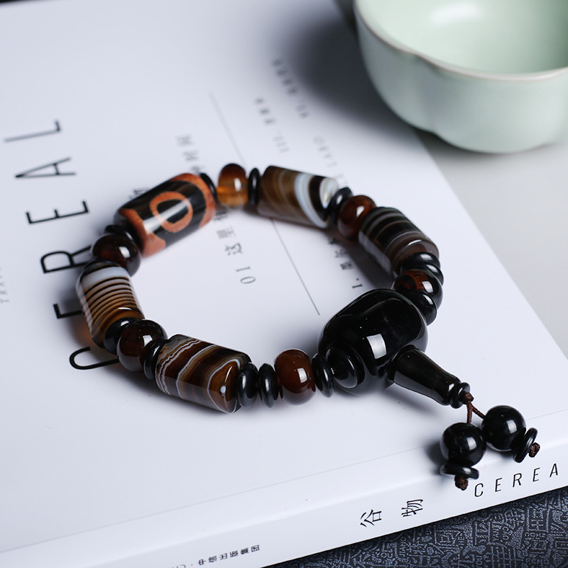 Natural agate bracelet domineer single circle male buddhist beads hand string national wind three eye day beads gift accessories