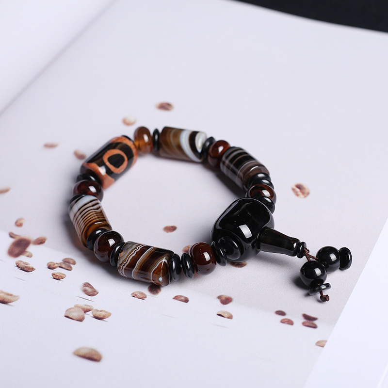 Natural agate bracelet domineer single circle male buddhist beads hand string national wind three eye day beads gift accessories