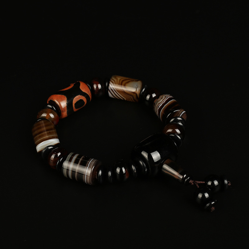Natural agate bracelet domineer single circle male buddhist beads hand string national wind three eye day beads gift accessories