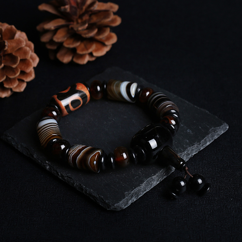 Natural agate bracelet domineer single circle male buddhist beads hand string national wind three eye day beads gift accessories