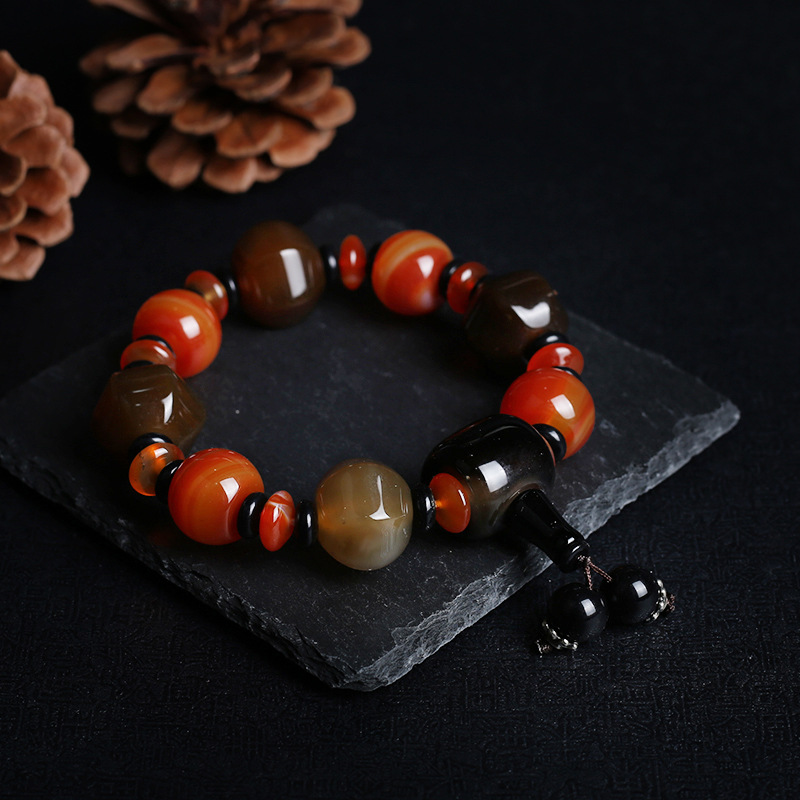 Natural agate bracelet domineer single circle male buddhist beads hand string national wind three eye day beads gift accessories
