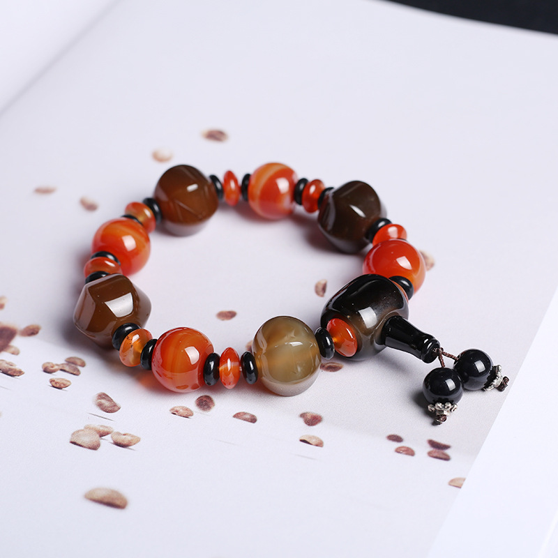 Natural agate bracelet domineer single circle male buddhist beads hand string national wind three eye day beads gift accessories
