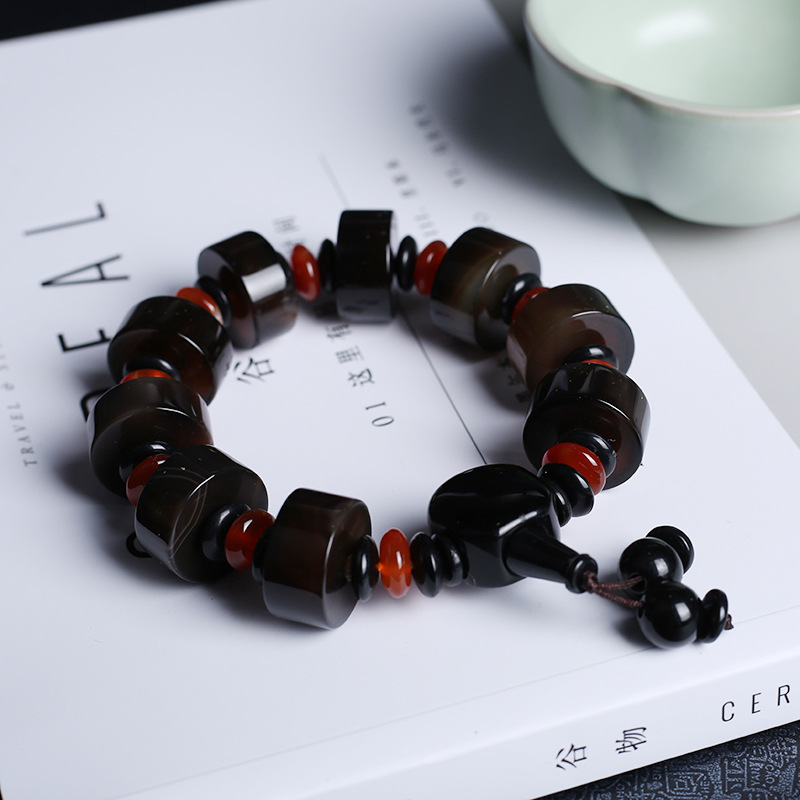 Natural agate bracelet domineer single circle male buddhist beads hand string national wind three eye day beads gift accessories