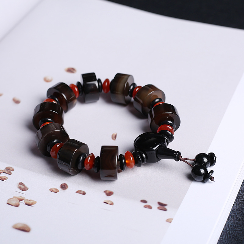 Natural agate bracelet domineer single circle male buddhist beads hand string national wind three eye day beads gift accessories