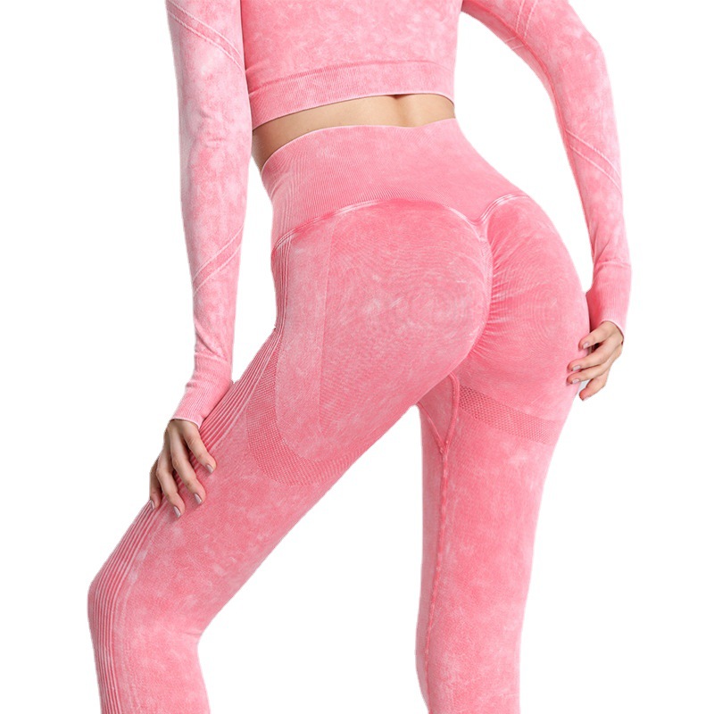 European and American New Pleated Long Sleeve Exercise Yoga Clothes Suit Stone Washed Peach Hip-like Denim Sports Suit for Women