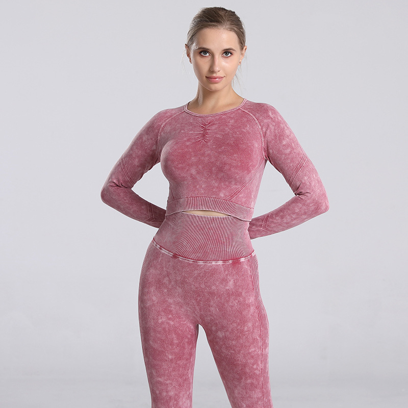 European and American New Pleated Long Sleeve Exercise Yoga Clothes Suit Stone Washed Peach Hip-like Denim Sports Suit for Women