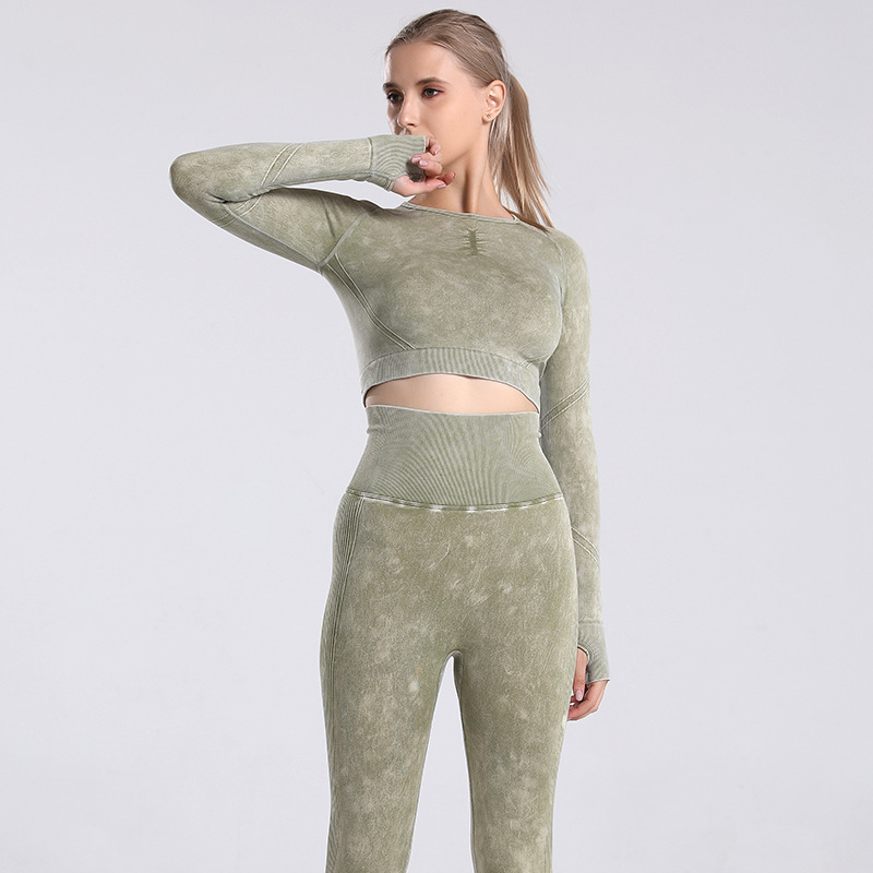 European and American New Pleated Long Sleeve Exercise Yoga Clothes Suit Stone Washed Peach Hip-like Denim Sports Suit for Women