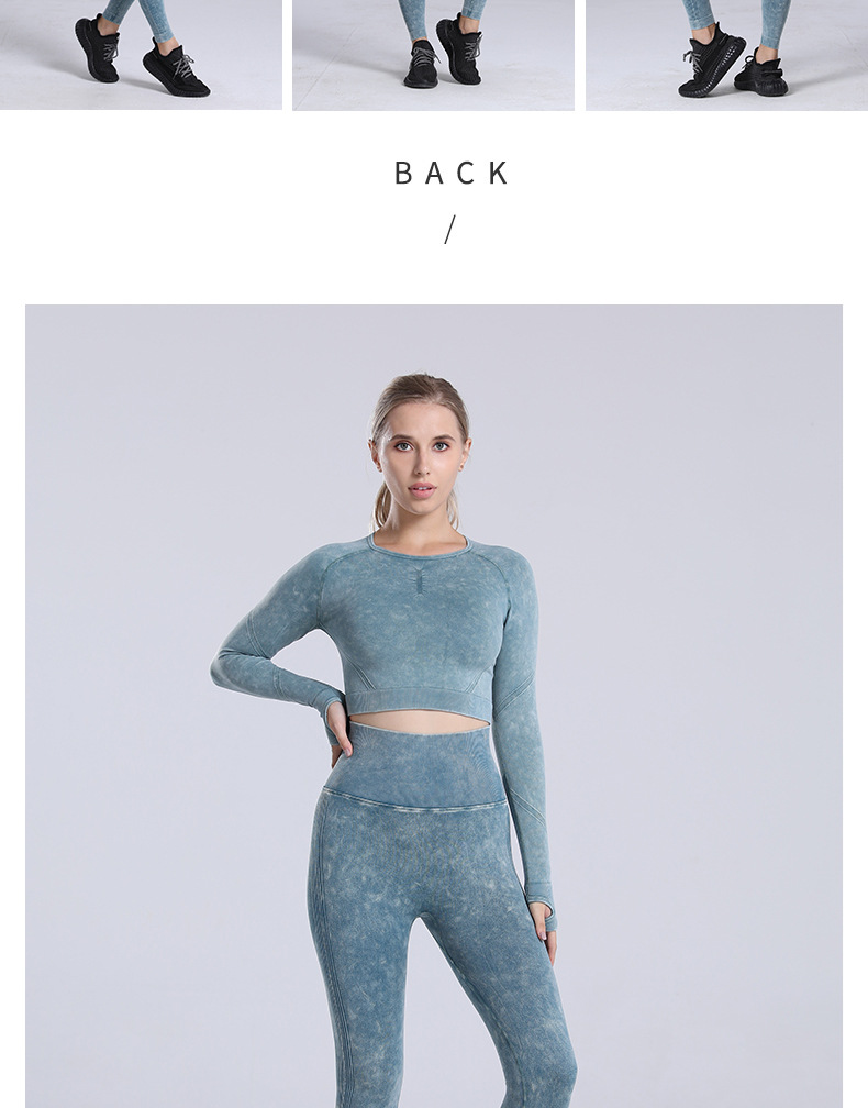 European and American New Pleated Long Sleeve Exercise Yoga Clothes Suit Stone Washed Peach Hip-like Denim Sports Suit for Women