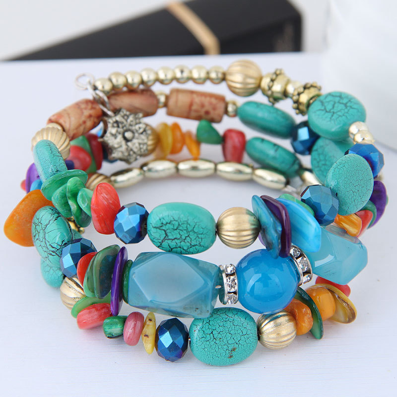 Factory Direct Sales European and American Exaggerated Bracelet Retro Crystal Stone Turquoise Agate Bead Multi-Layer Winding Bracelets Women