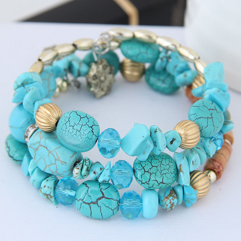 Factory Direct Sales European and American Exaggerated Bracelet Retro Crystal Stone Turquoise Agate Bead Multi-Layer Winding Bracelets Women