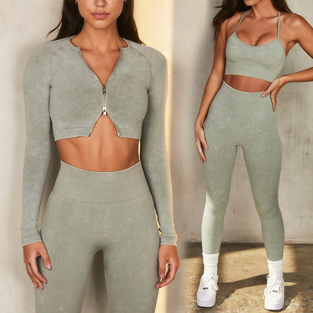 European and American Ins Yoga Suit Stone Washed Imitation Denim Yoga Bra Set High Waist Workout Seamless Yoga Suit for Women