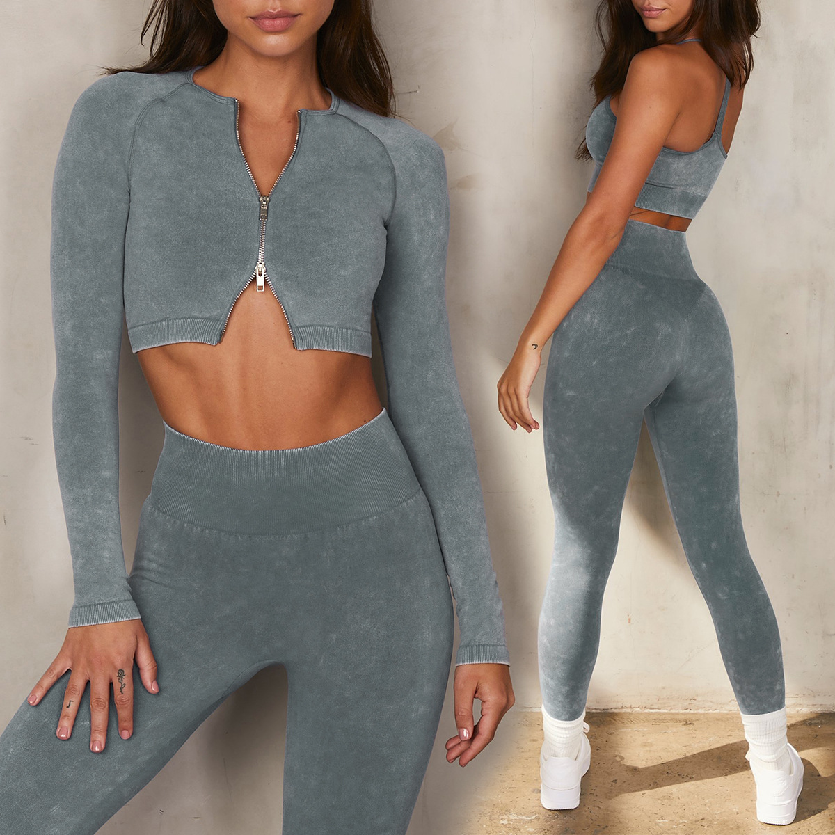 European and American Ins Yoga Suit Stone Washed Imitation Denim Yoga Bra Set High Waist Workout Seamless Yoga Suit for Women