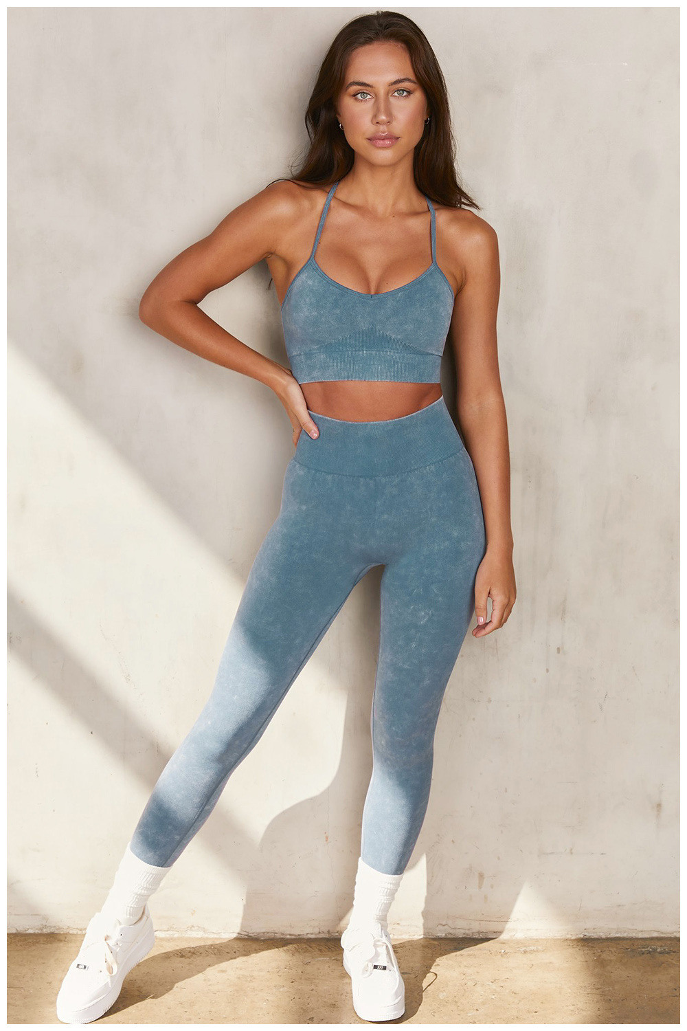 European and American Ins Yoga Suit Stone Washed Imitation Denim Yoga Bra Set High Waist Workout Seamless Yoga Suit for Women