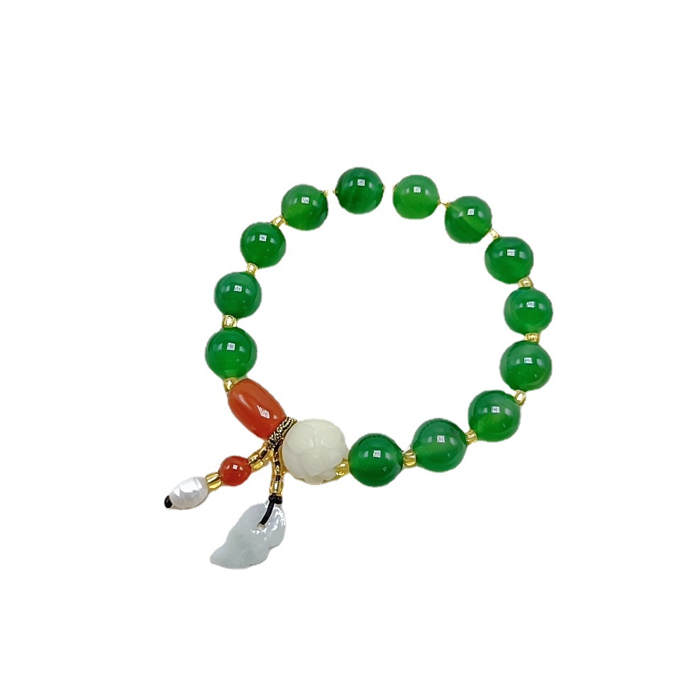 Natural Red Agate Green Agate Bracelet Moisturizing Women&#039;s Bracelet Hanging Burma Jade Small Leaf Pearl Duobao Bracelet