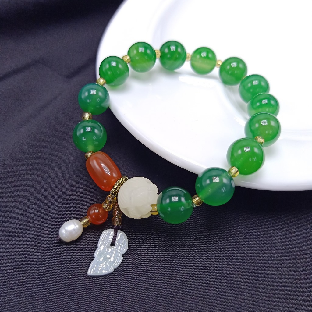 Natural Red Agate Green Agate Bracelet Moisturizing Women's Bracelet Hanging Burma Jade Small Leaf Pearl Duobao Bracelet