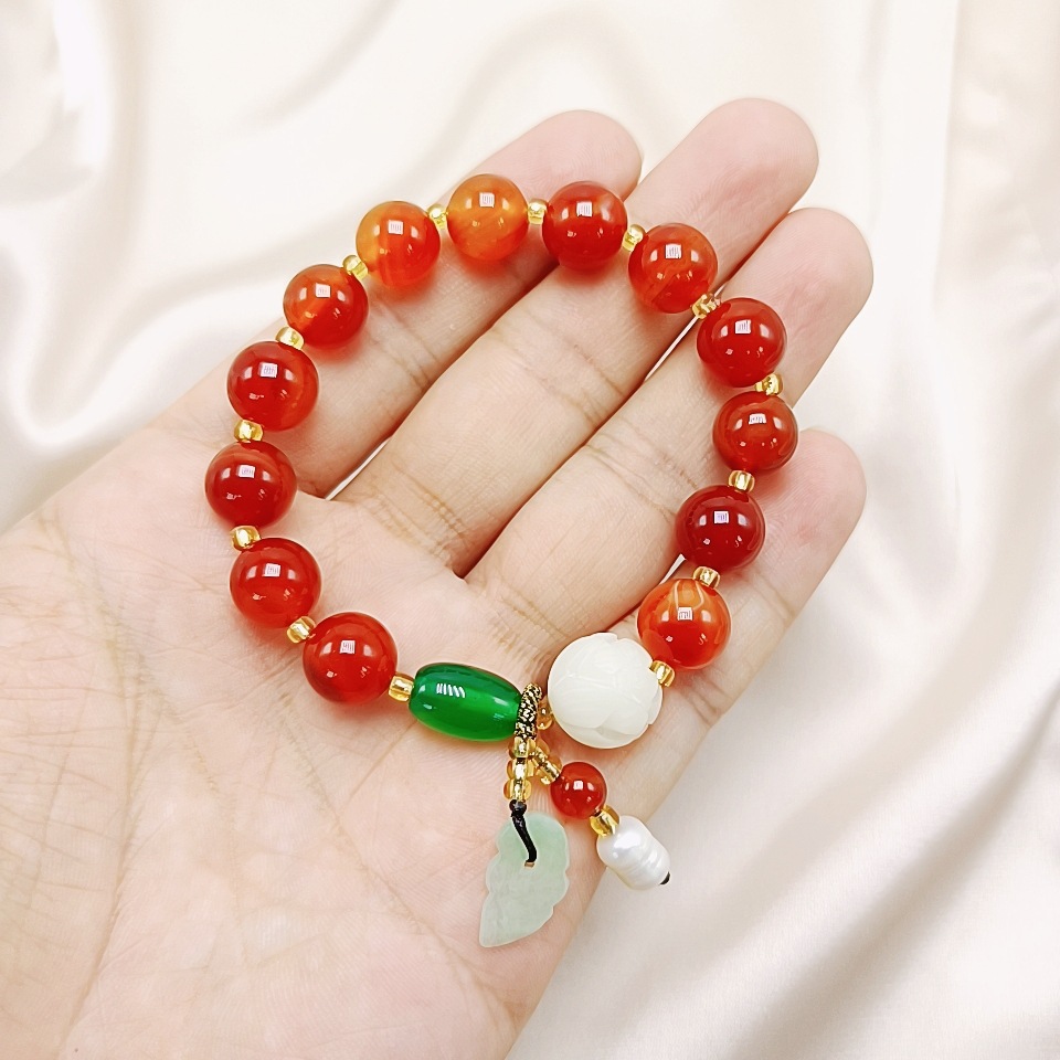 Natural Red Agate Green Agate Bracelet Moisturizing Women's Bracelet Hanging Burma Jade Small Leaf Pearl Duobao Bracelet