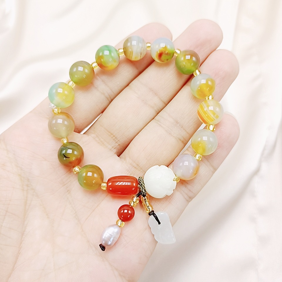 Natural Red Agate Green Agate Bracelet Moisturizing Women's Bracelet Hanging Burma Jade Small Leaf Pearl Duobao Bracelet