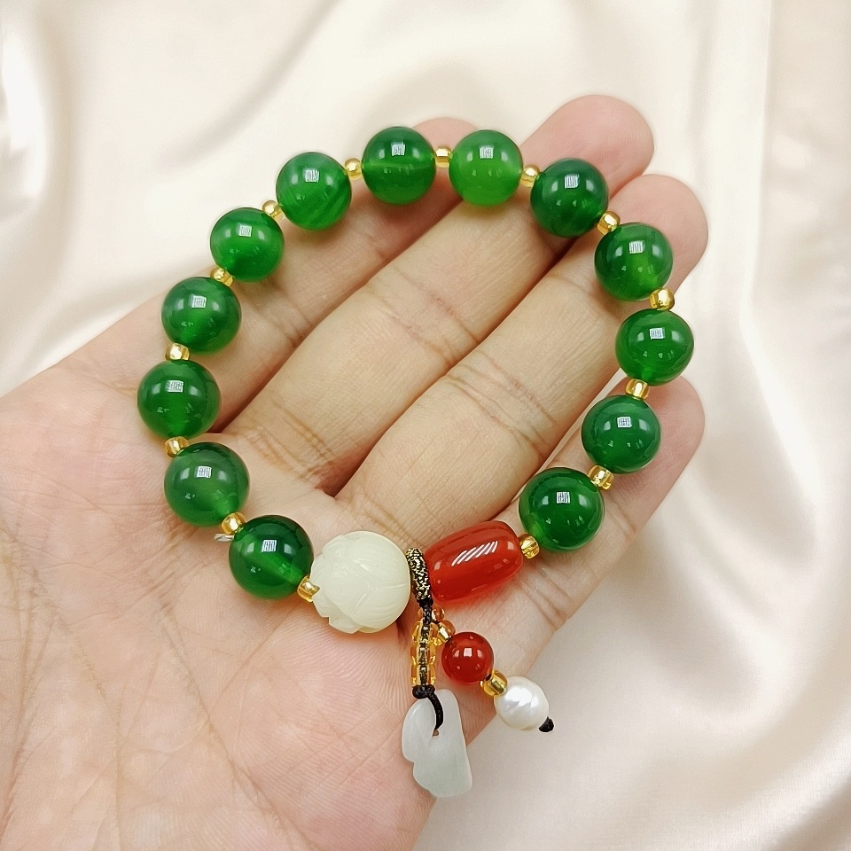 Natural Red Agate Green Agate Bracelet Moisturizing Women's Bracelet Hanging Burma Jade Small Leaf Pearl Duobao Bracelet